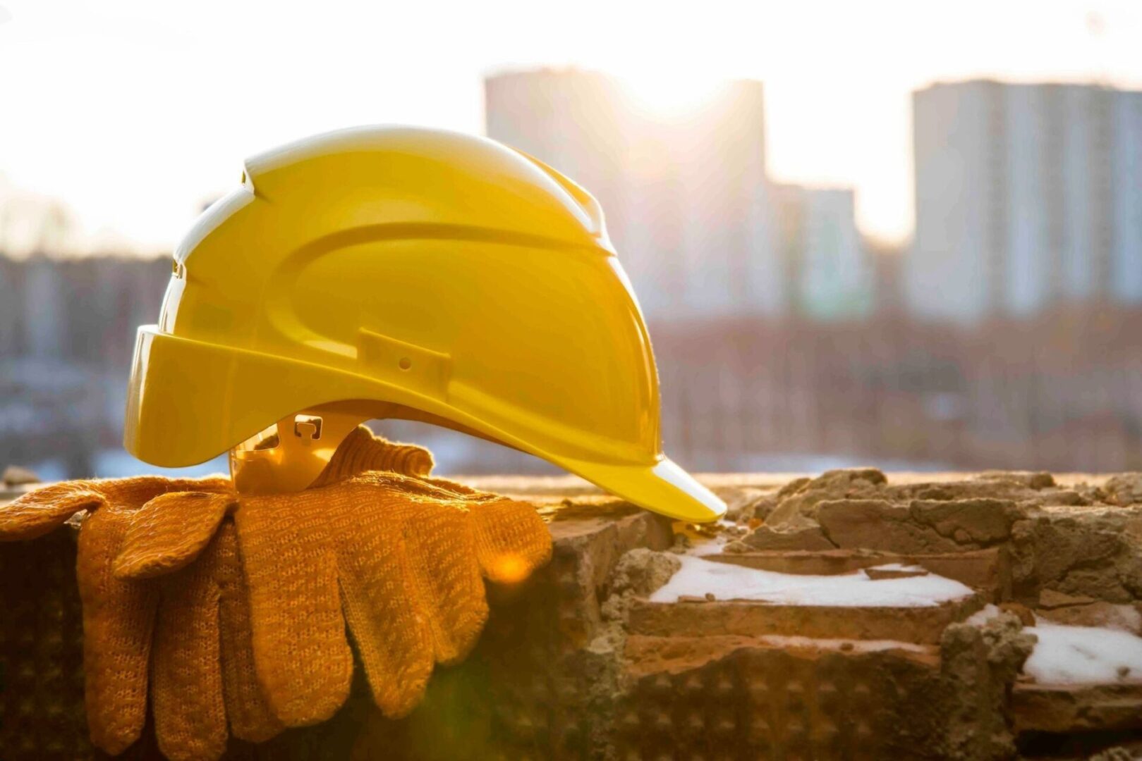 A yellow hard hat and gloves on top of some wood.