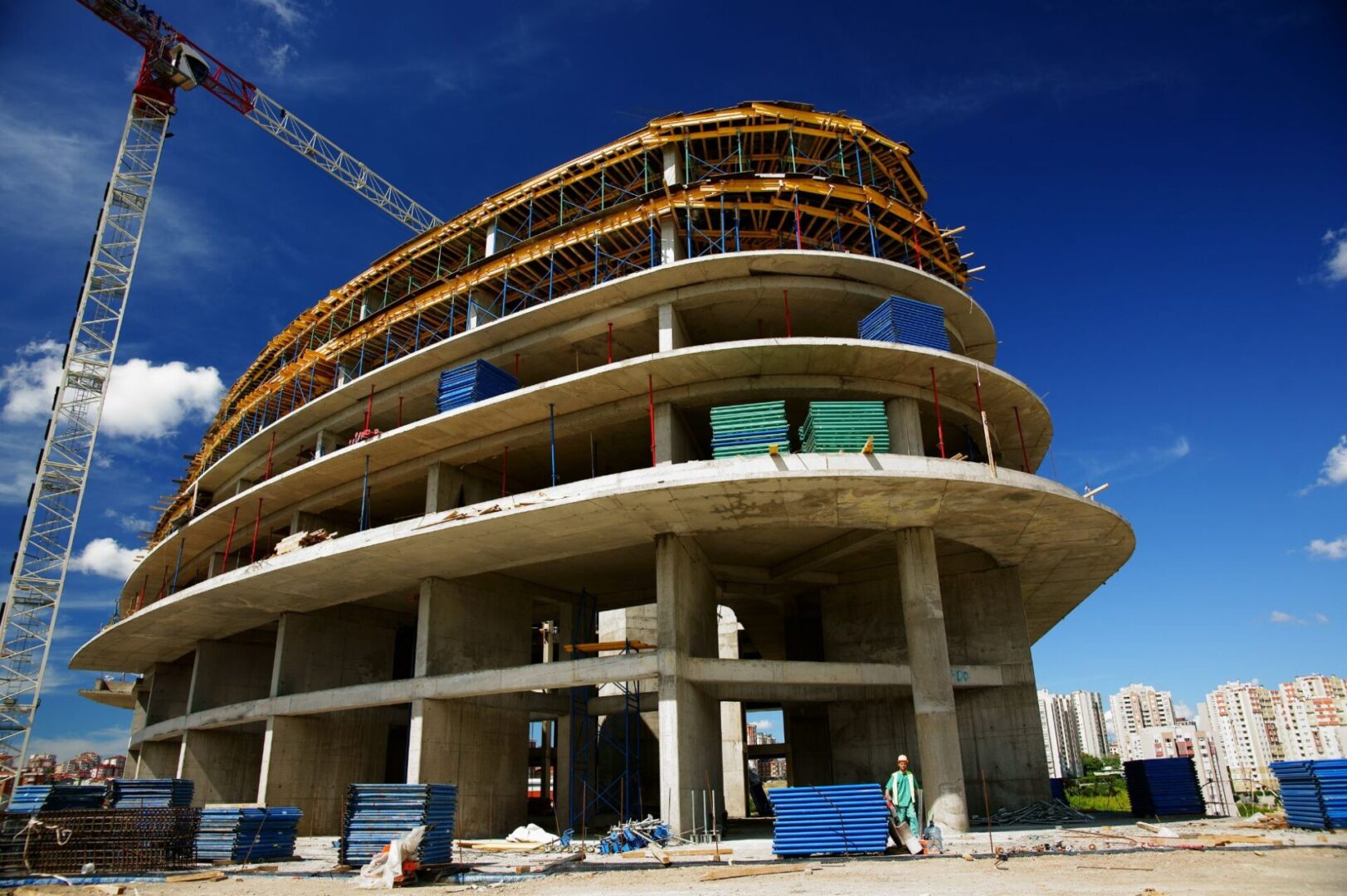 A building under construction with scaffolding around it.