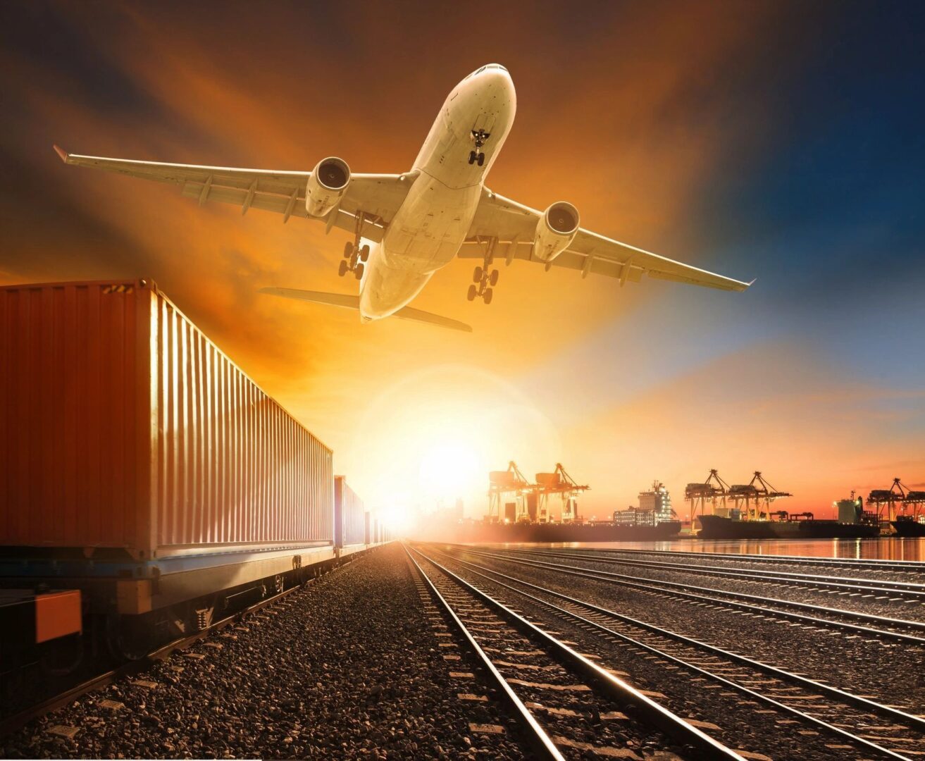 A plane flying over a train track with the sun setting.